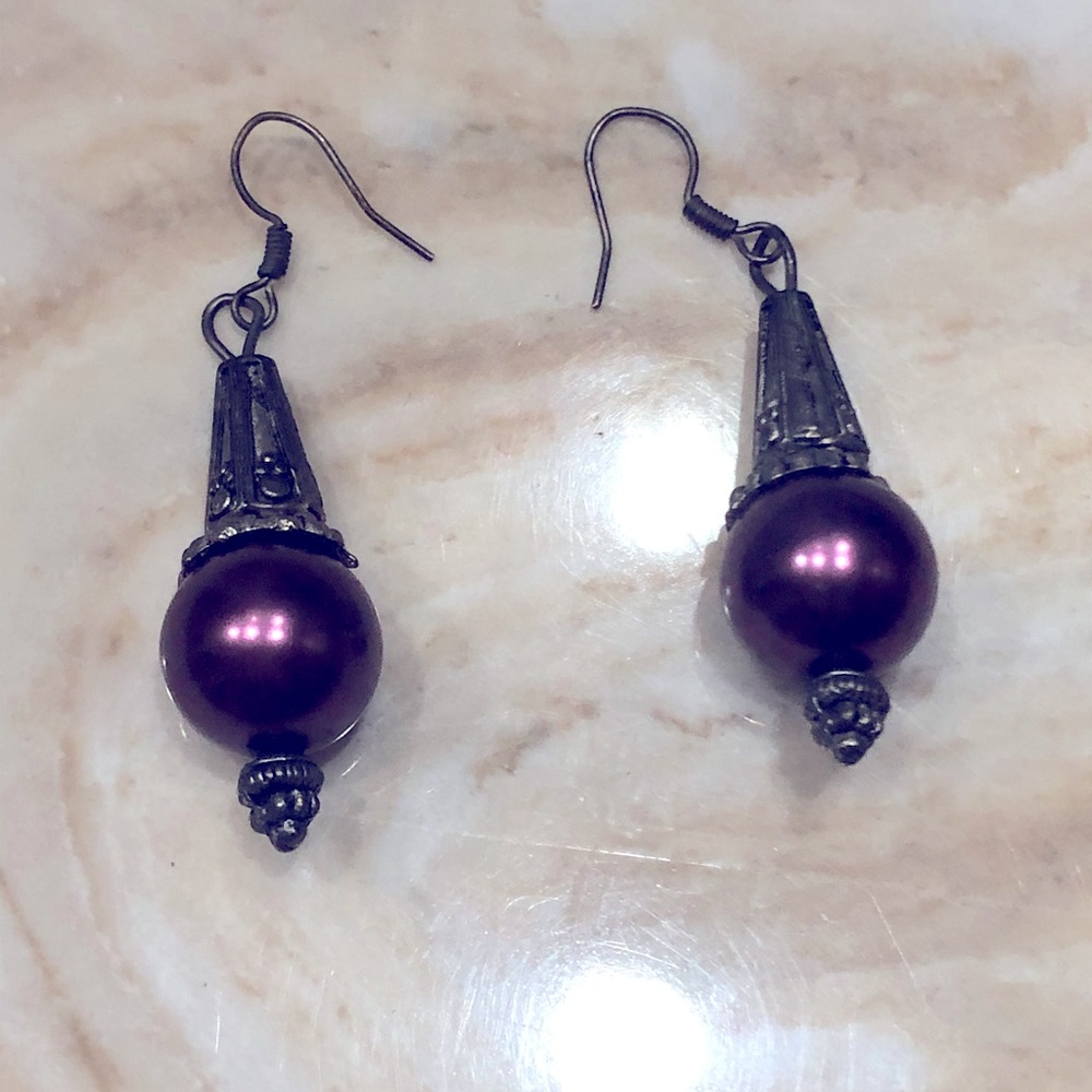 Purple bead earrings with antique silver.